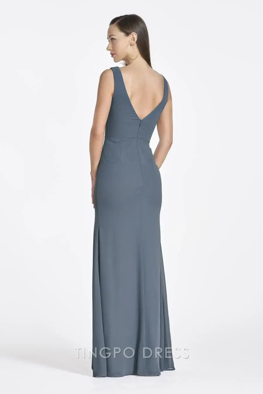 TingPo Wholesale Elegant Boat Neck Sheath Dress - Slate Blue Sleeveless Work & Cocktail Gown